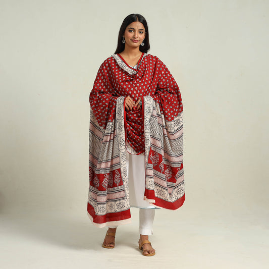 Red - Hand Block Print Cotton Bagh Dupatta 32