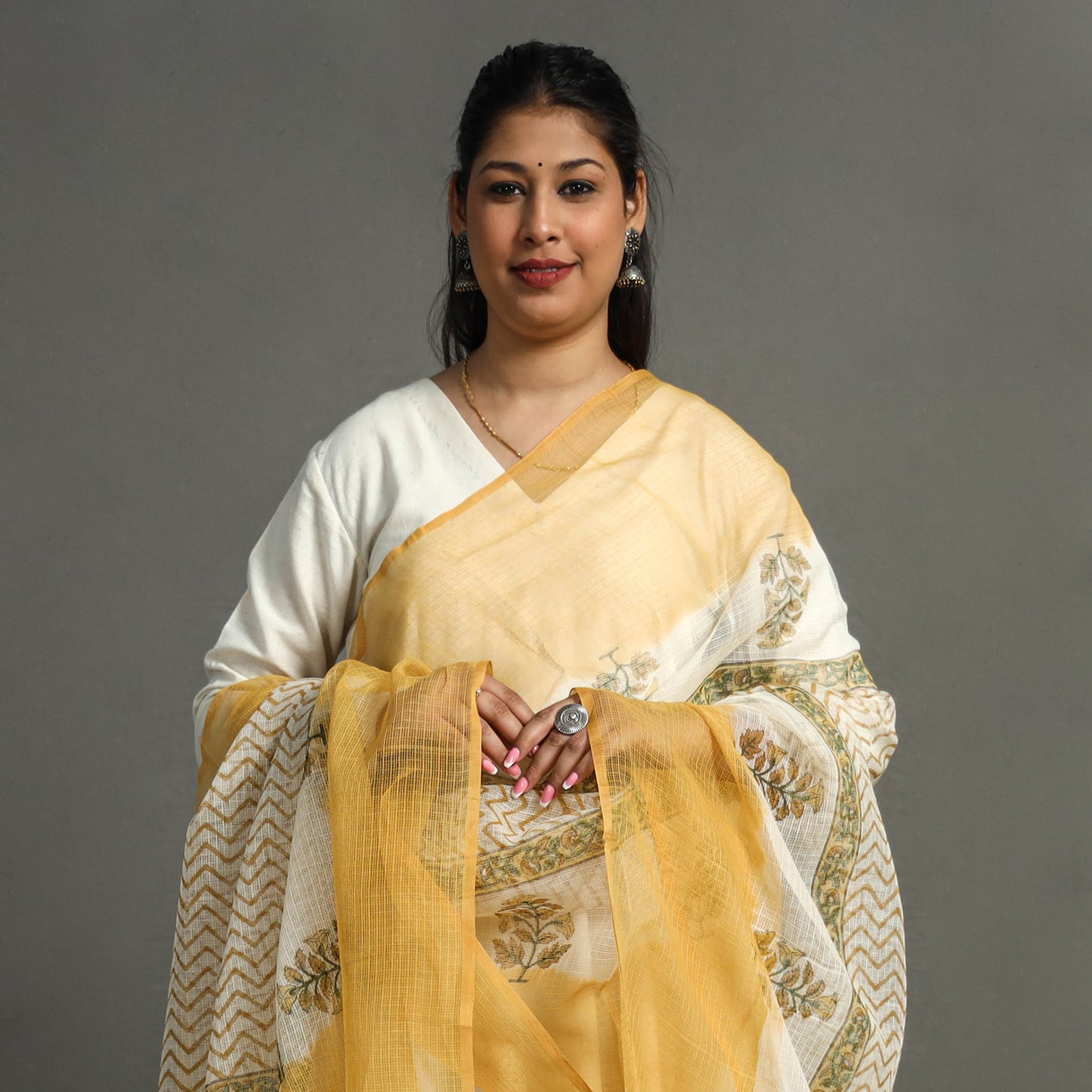 Yellow - Sanganeri Block Printed Kota Doria Cotton Dupatta 47