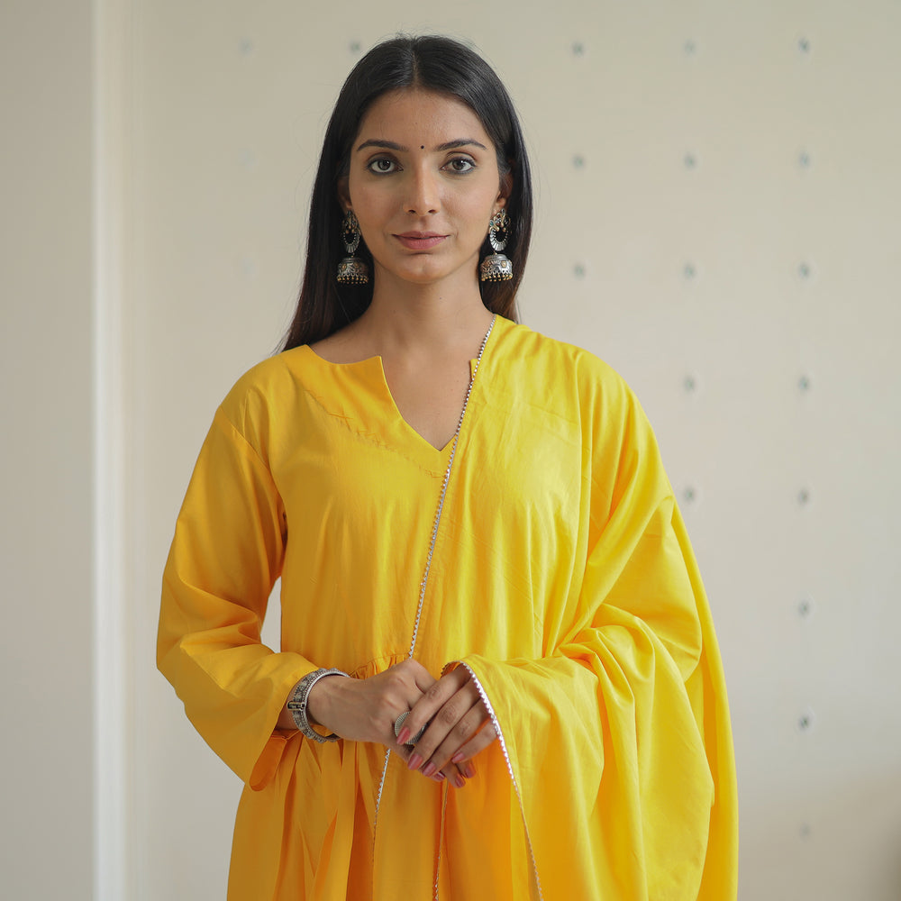 Sunny Yellow Cotton Flared Kurta with Palazzo & Dupatta Set