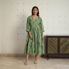 Buy Green Block Printed Cotton Flare Jahota Dress