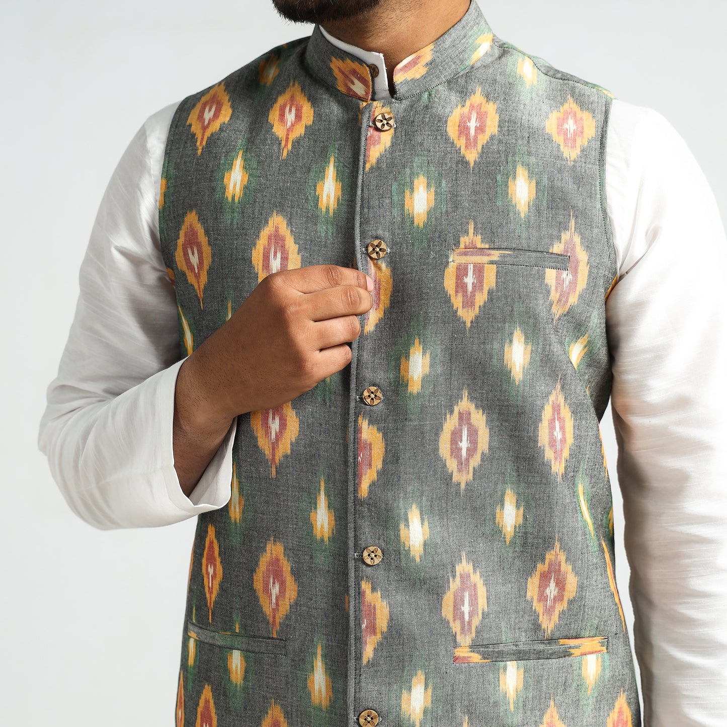 Grey - Pochampally Central Asian Ikat Handloom Cotton Men Nehru Jacket