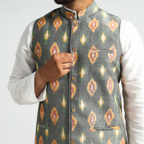 Grey - Pochampally Central Asian Ikat Handloom Cotton Men Nehru Jacket