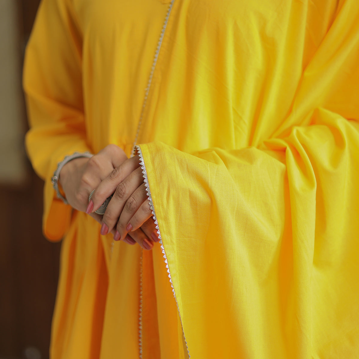 Sunny Yellow Cotton Flared Kurta with Palazzo & Dupatta Set