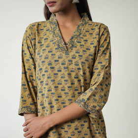 Yellow Block Printed Cotton Straight Ajrakh Kurta for Women