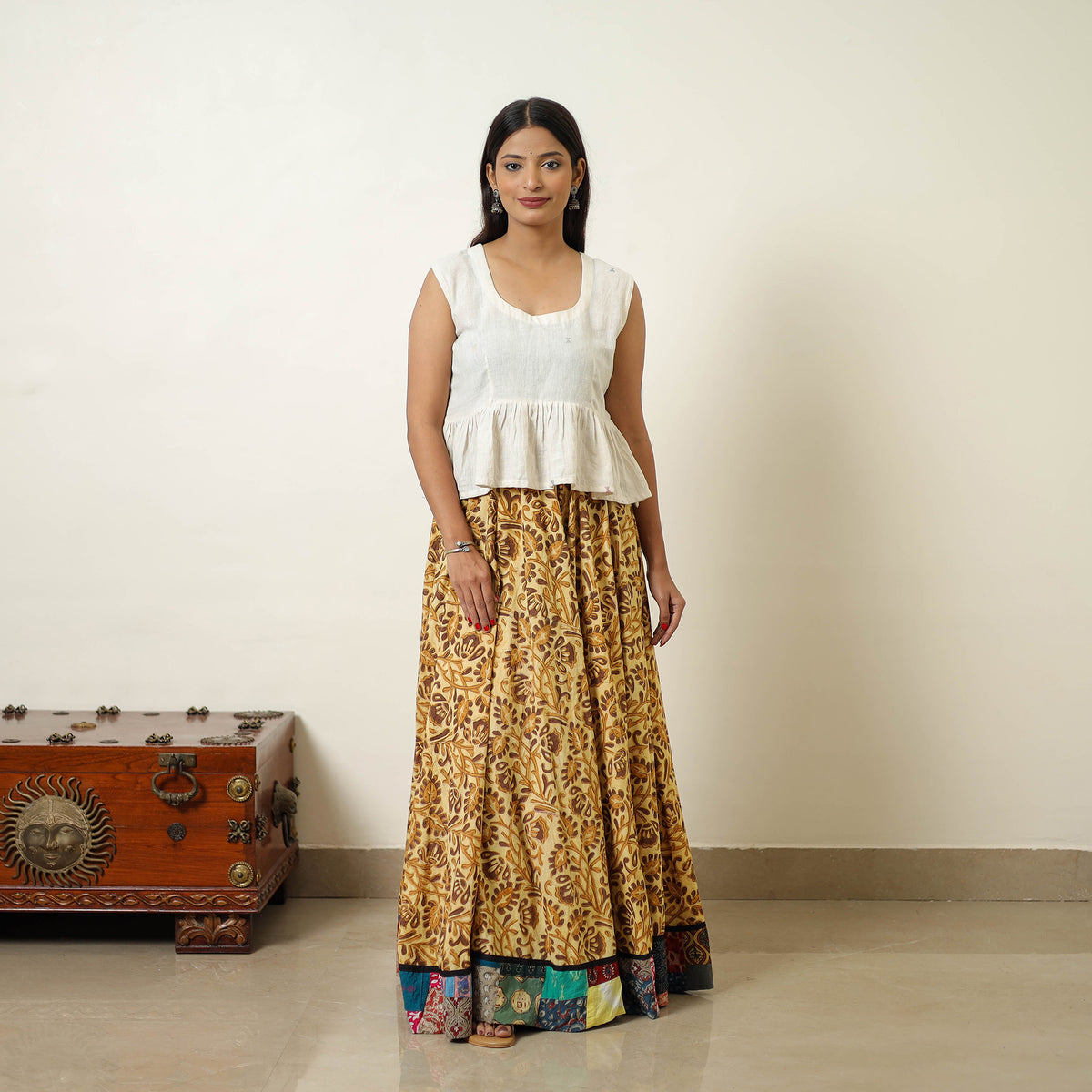 Yellow - Hand Block Printed Cotton Long Bagru Skirt 09