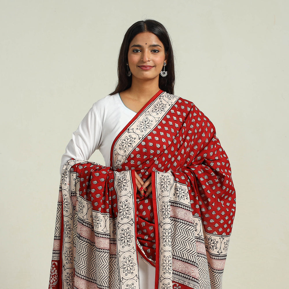 Red - Hand Block Print Cotton Bagh Dupatta 32