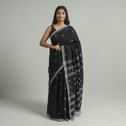 Black - Handloom Cotton Phulia Jamdani Saree with Tassels 25