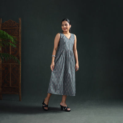 Pochampally Ikat Cotton Sleeveless Flared Long Dress for Women 18