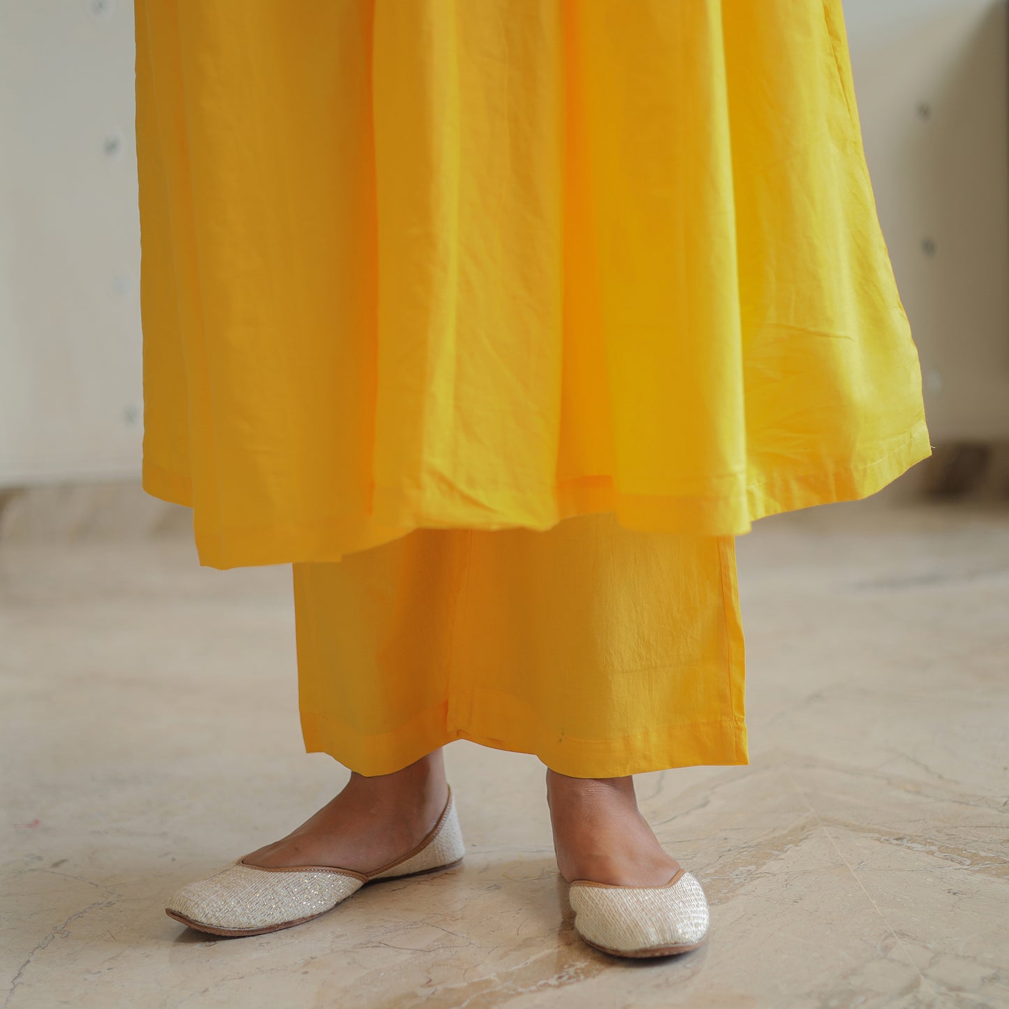 Sunny Yellow Cotton Flared Kurta with Palazzo & Dupatta Set