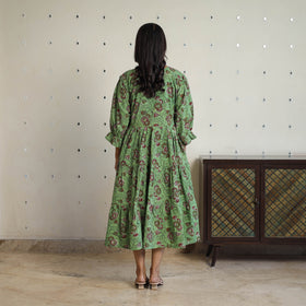 Buy Green Block Printed Cotton Flare Jahota Dress