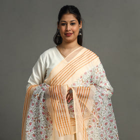 Orange - Block Printed Kota Doria Cotton Sanganeri Dupatta 48