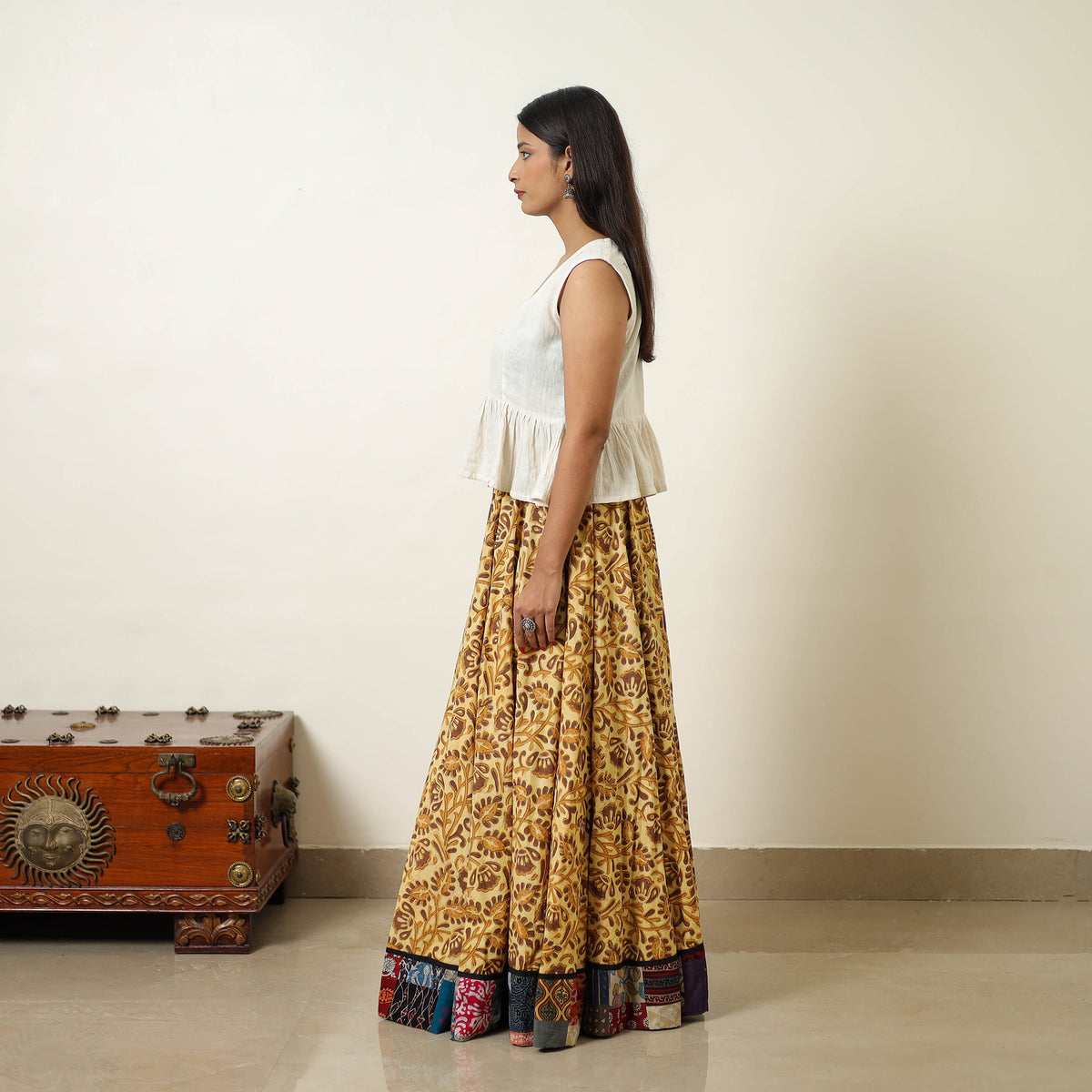 Yellow - Hand Block Printed Cotton Long Bagru Skirt 09