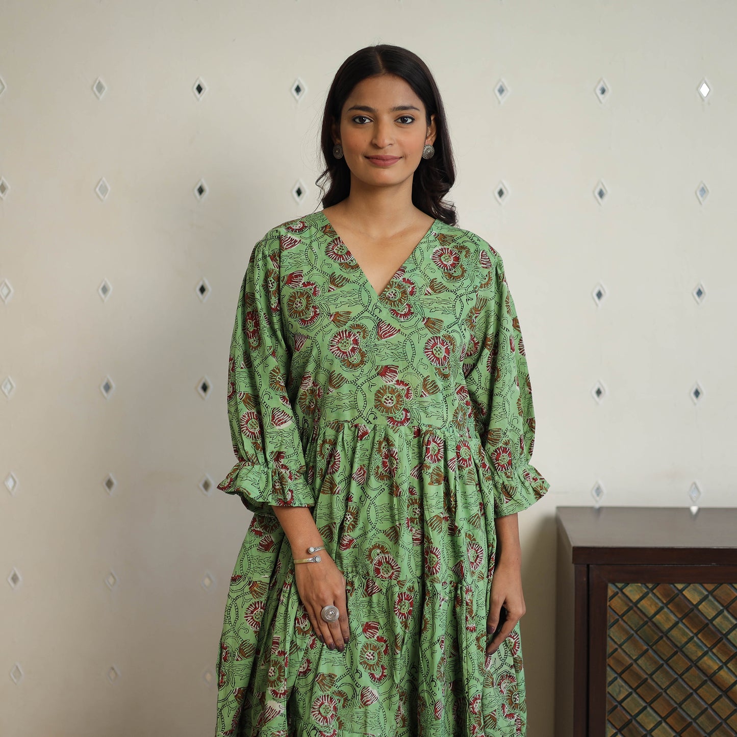 Green - Block Printed Cotton Flare Jahota Dress 06