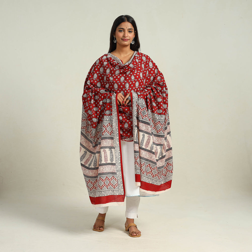 Red - Hand Block Print Cotton Bagh Dupatta 33