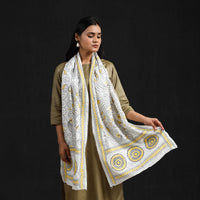 White - Handloom Tussar Silk  Bengal Kantha Work Stole 53