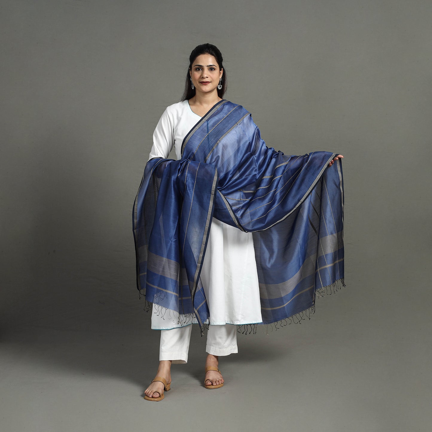 Blue - Handloom Silk Cotton Maheshwari Dupatta 13