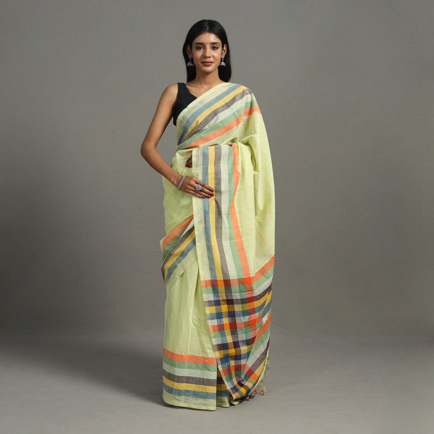 Yellow - Zari Stripes Cotton Handloom Saree 19