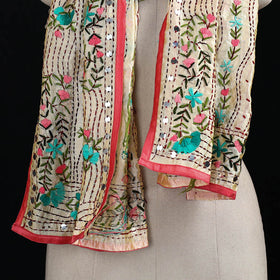 Beige - Ranihati Chanderi Silk Hand Embroidered Stole 22