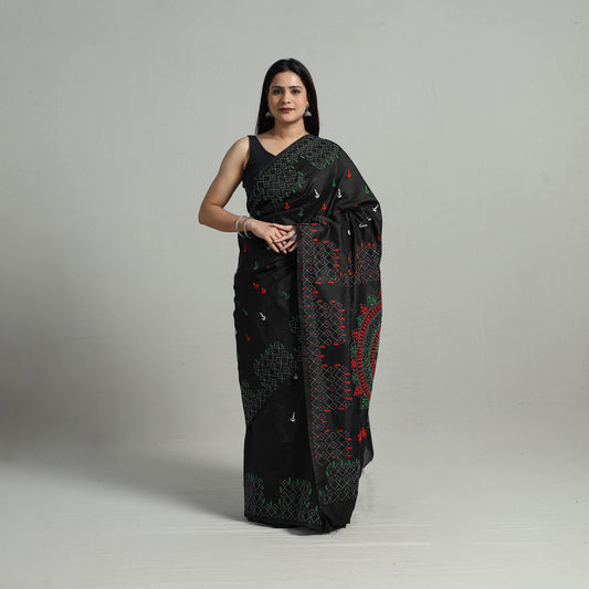 Black - Handcrafted Bengal Nakshi Kantha Work Silk Saree 16