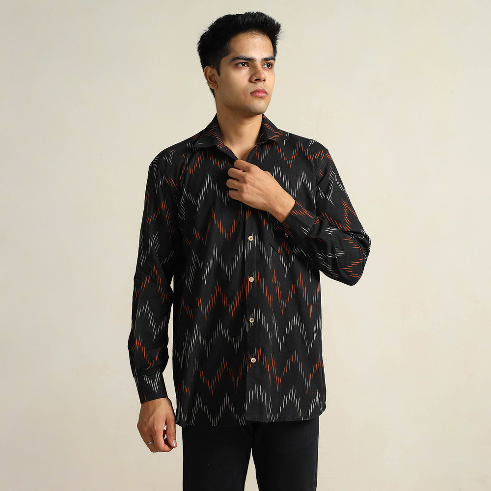 Black - Pochampally Ikat Weave Cotton Men Full Sleeve Shirt 16