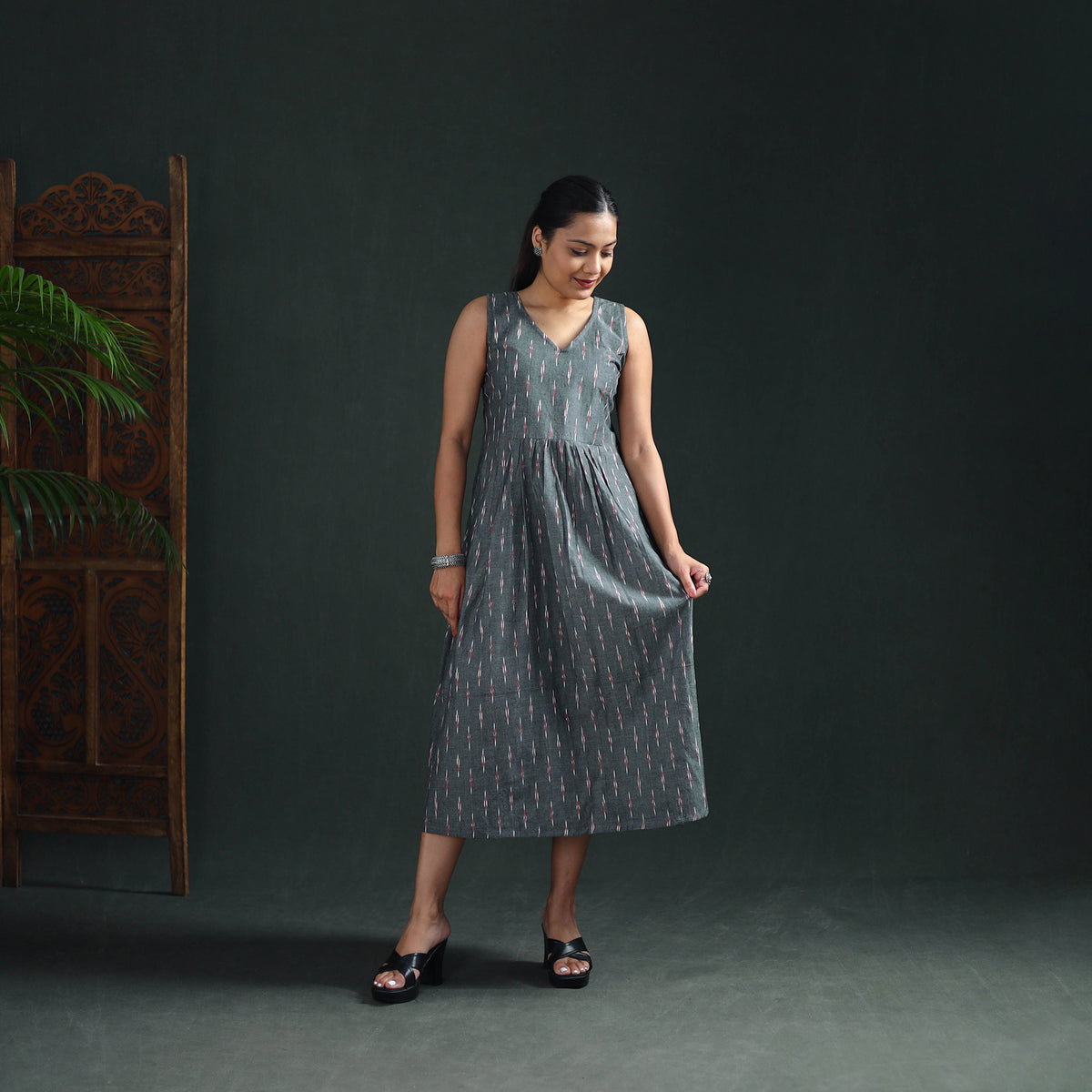 Pochampally Ikat Cotton Sleeveless Flared Long Dress for Women 18