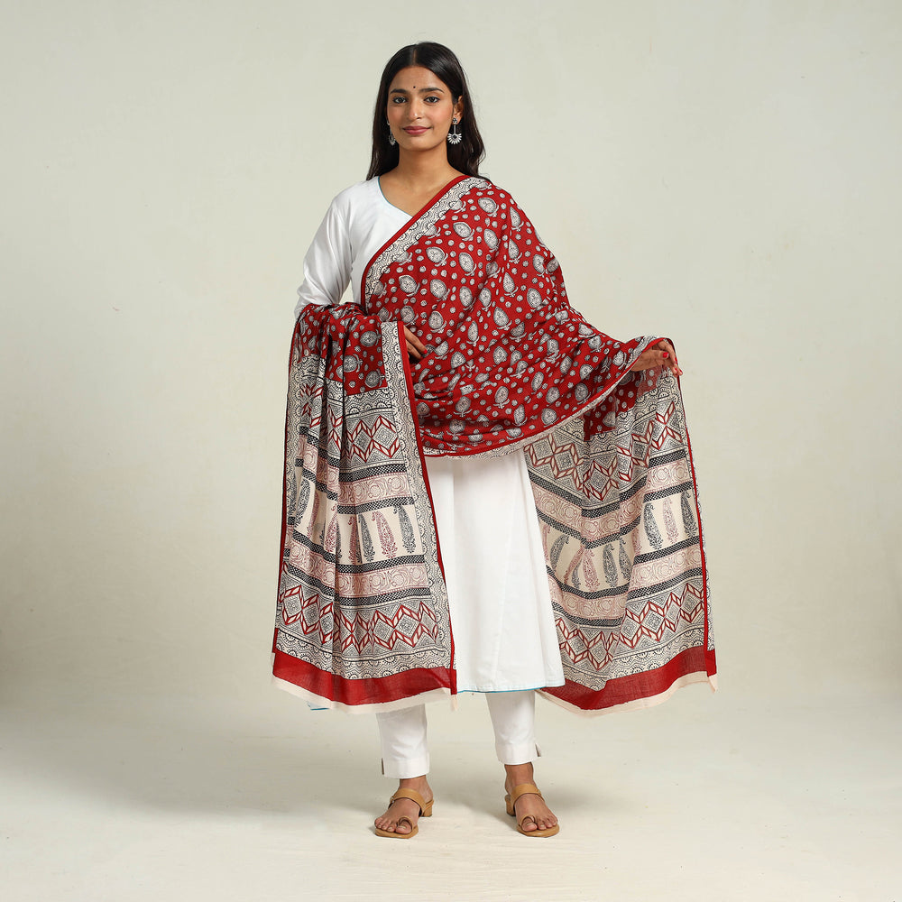 Red - Hand Block Print Cotton Bagh Dupatta 33