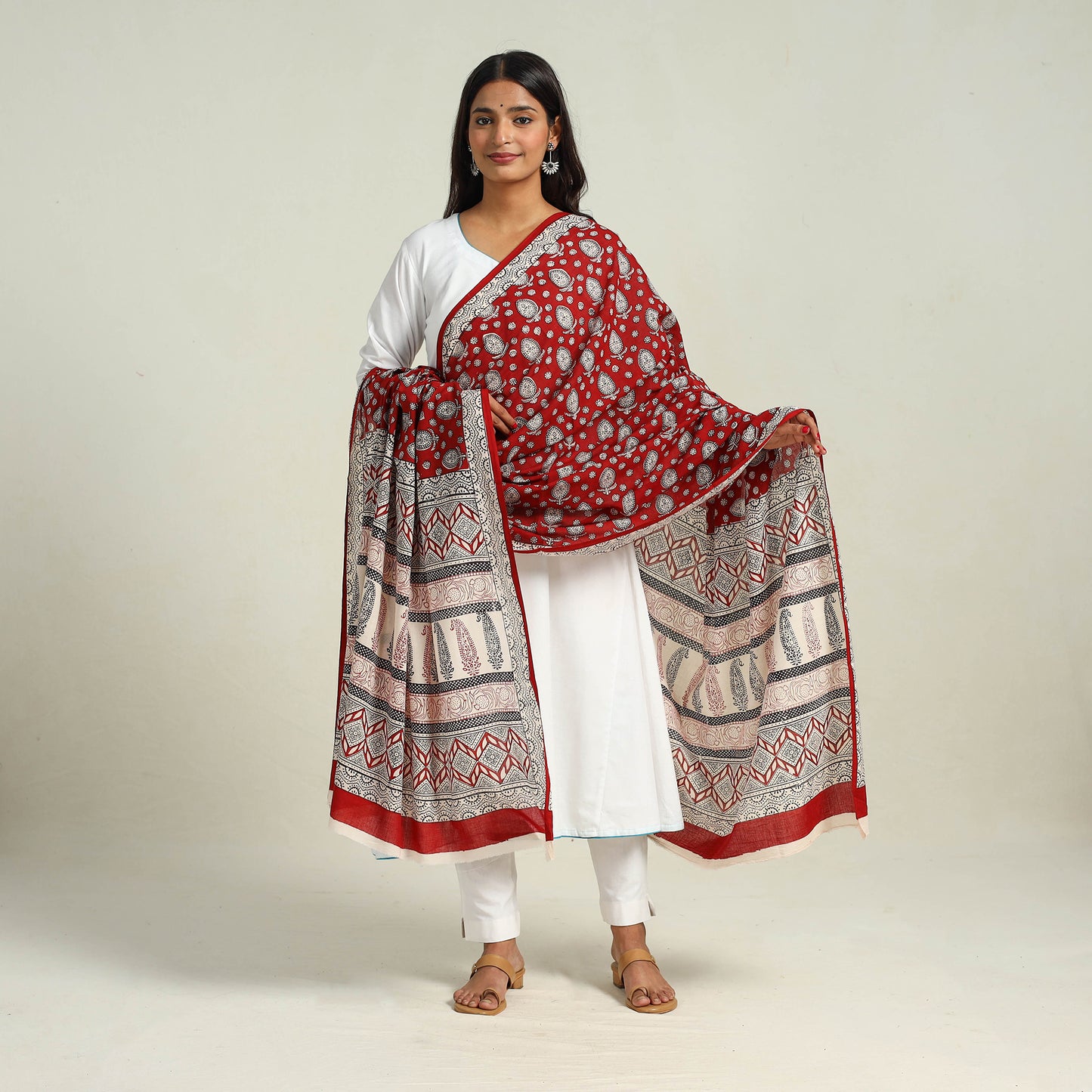 Red - Hand Block Print Cotton Bagh Dupatta 33