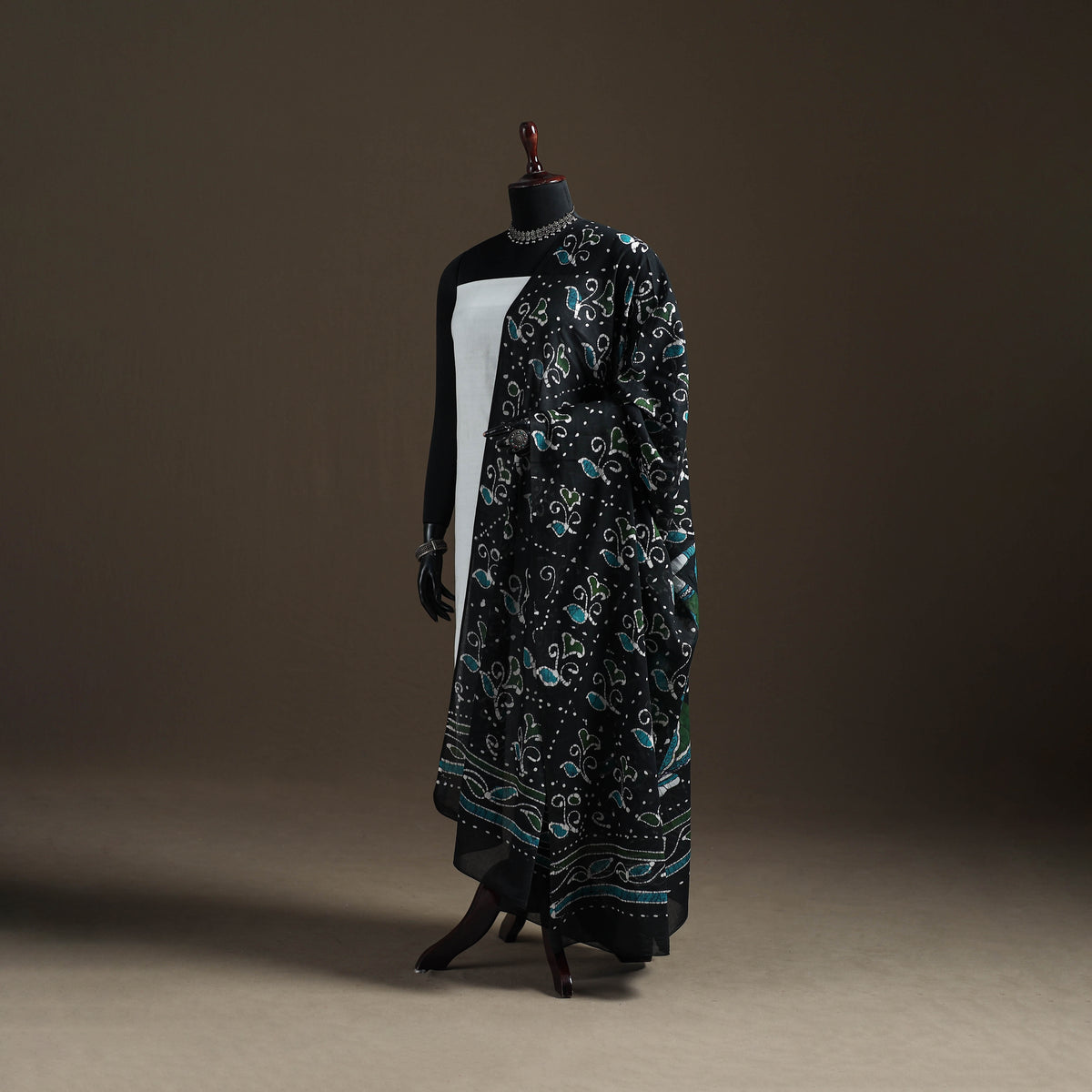 Black - hand batik print cotton dupatta 33 - handcrafted