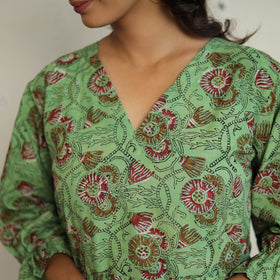 Buy Green Block Printed Cotton Flare Jahota Dress