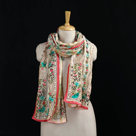 Beige - Ranihati Chanderi Silk Hand Embroidered Stole 22