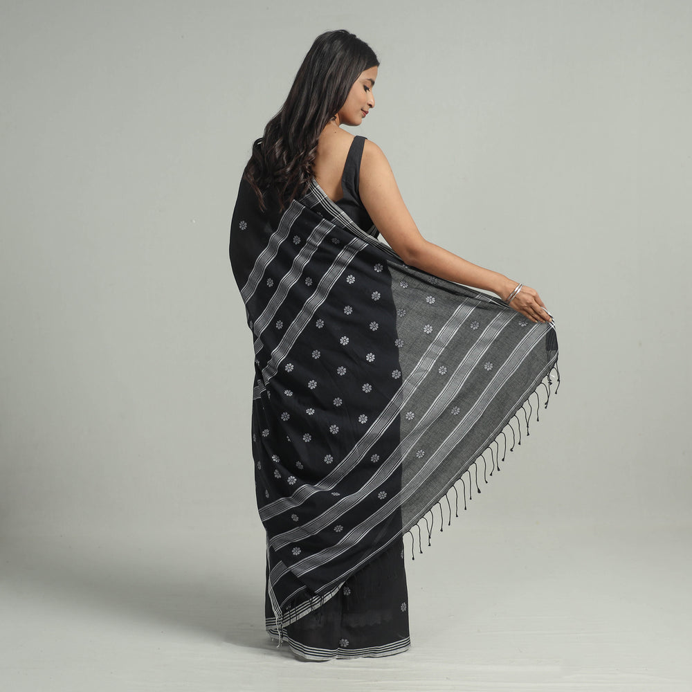 Black - Handloom Cotton Phulia Jamdani Saree with Tassels 25