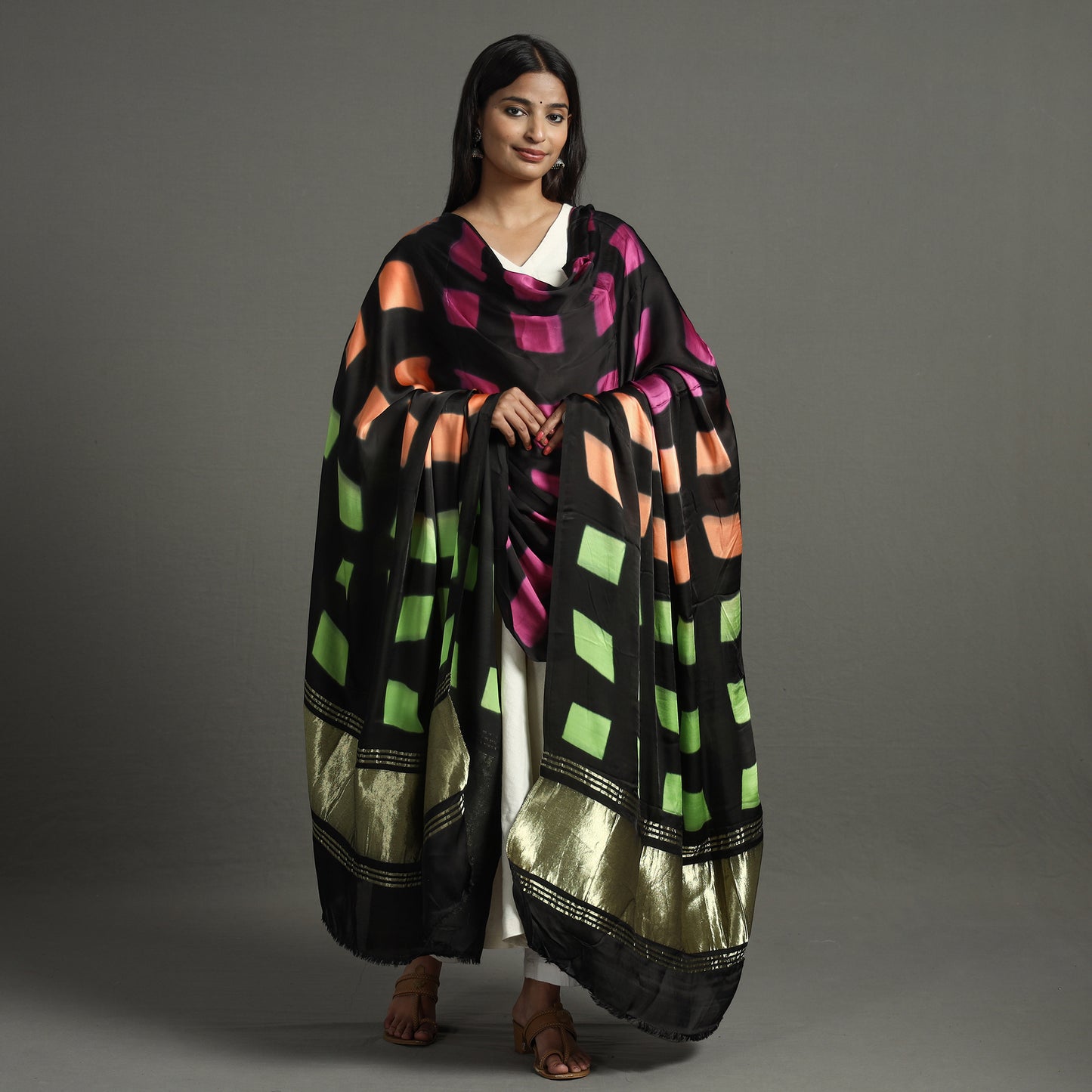 Multicolor - Shibori Clamp Dyed Modal Silk Dupatta with Zari Border 23