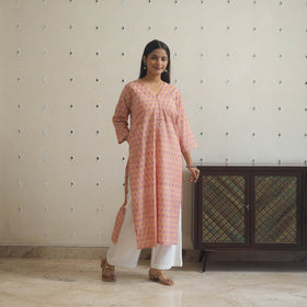  Peach Block Print Cotton Straight Sanganeri Kurta for Women