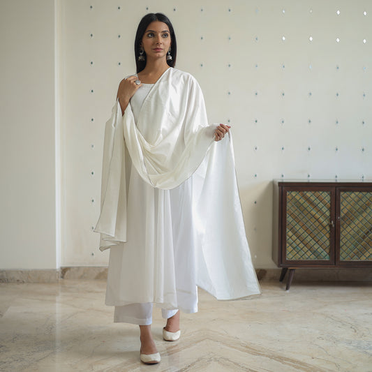 Ananya White Cotton Flared Kurta with Palazzo & Dupatta Set