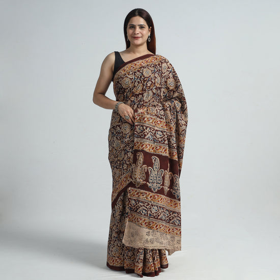 Brown - Pedana Kalamkari Block Printed Cotton Saree with Blouse Piece 22
