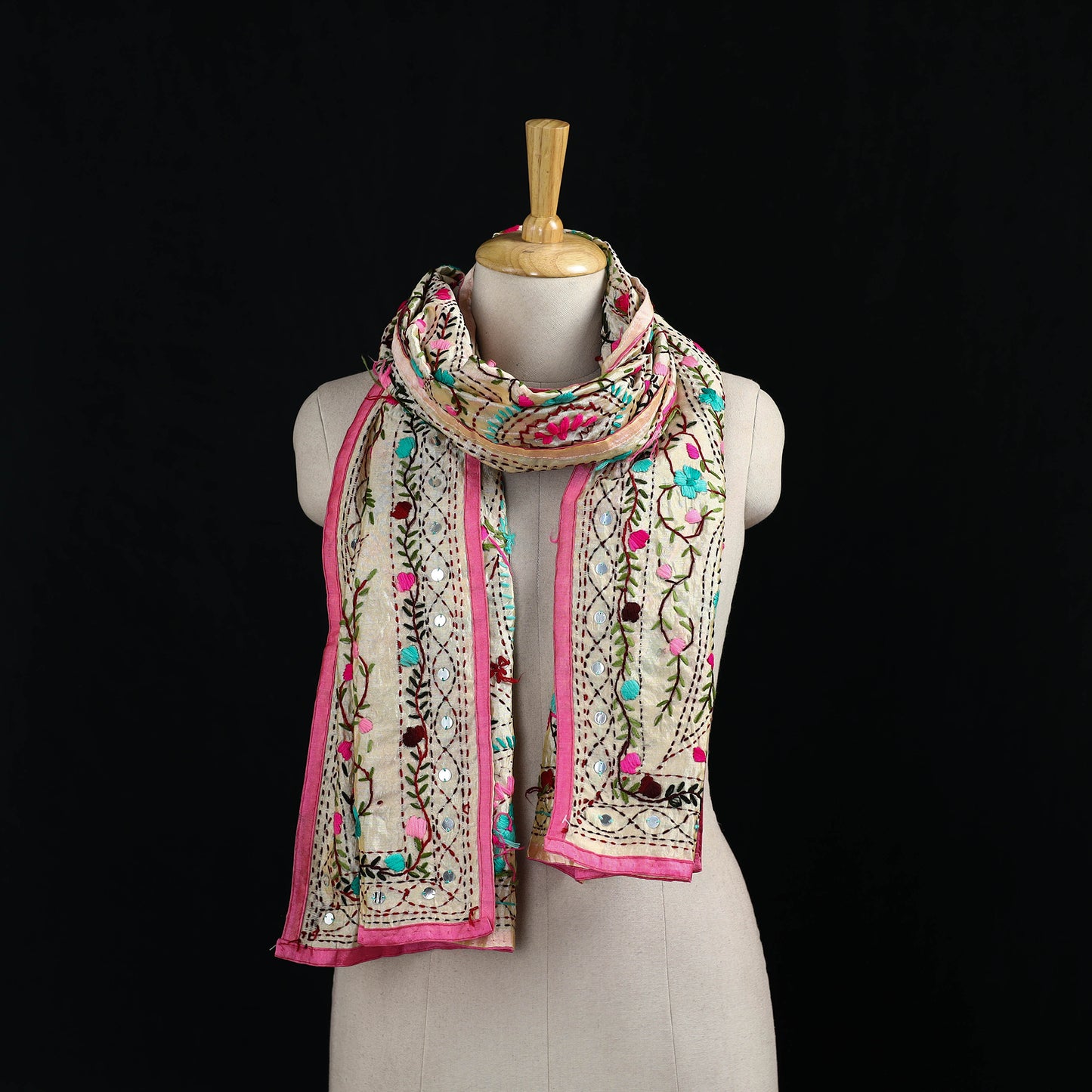 Beige - Ranihati Chanderi Silk Hand Embroidered Stole 24
