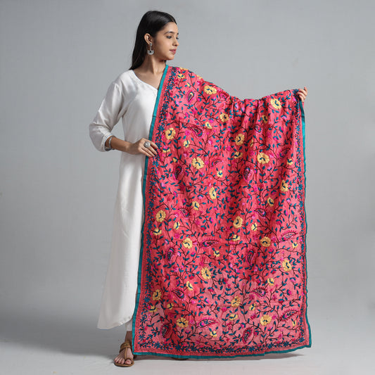 Pink - Ranihati Chanderi Silk Chapa Work Phulkari Embroidered Dupatta 39