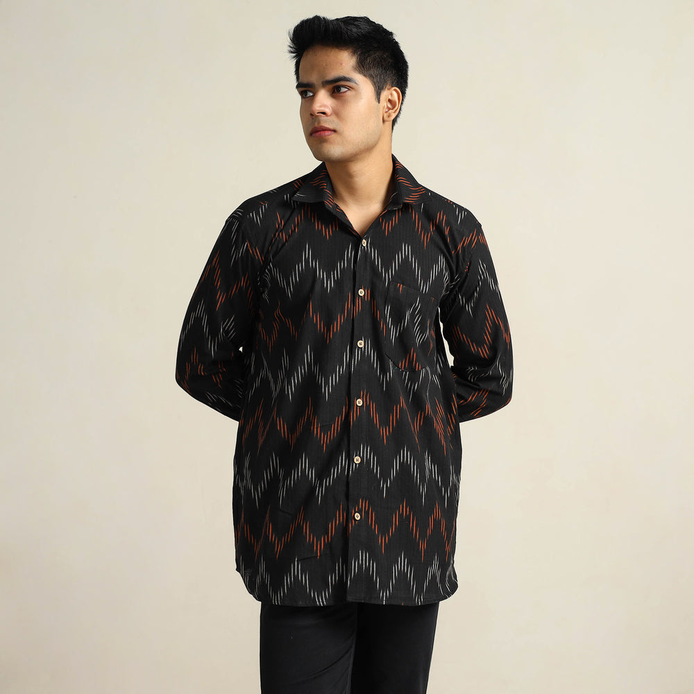 Black - Pochampally Ikat Weave Cotton Men Full Sleeve Shirt 16