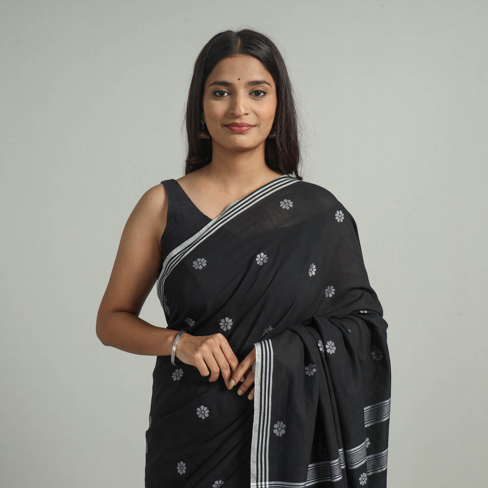 Black - Handloom Cotton Phulia Jamdani Saree with Tassels 25