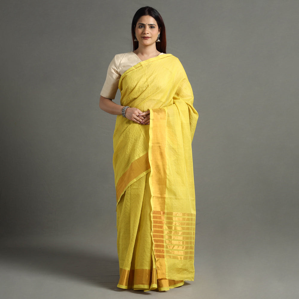 Yellow - Traditional Venkatagiri Handloom Cotton Zari Checks Saree with One Side Zari Border 33