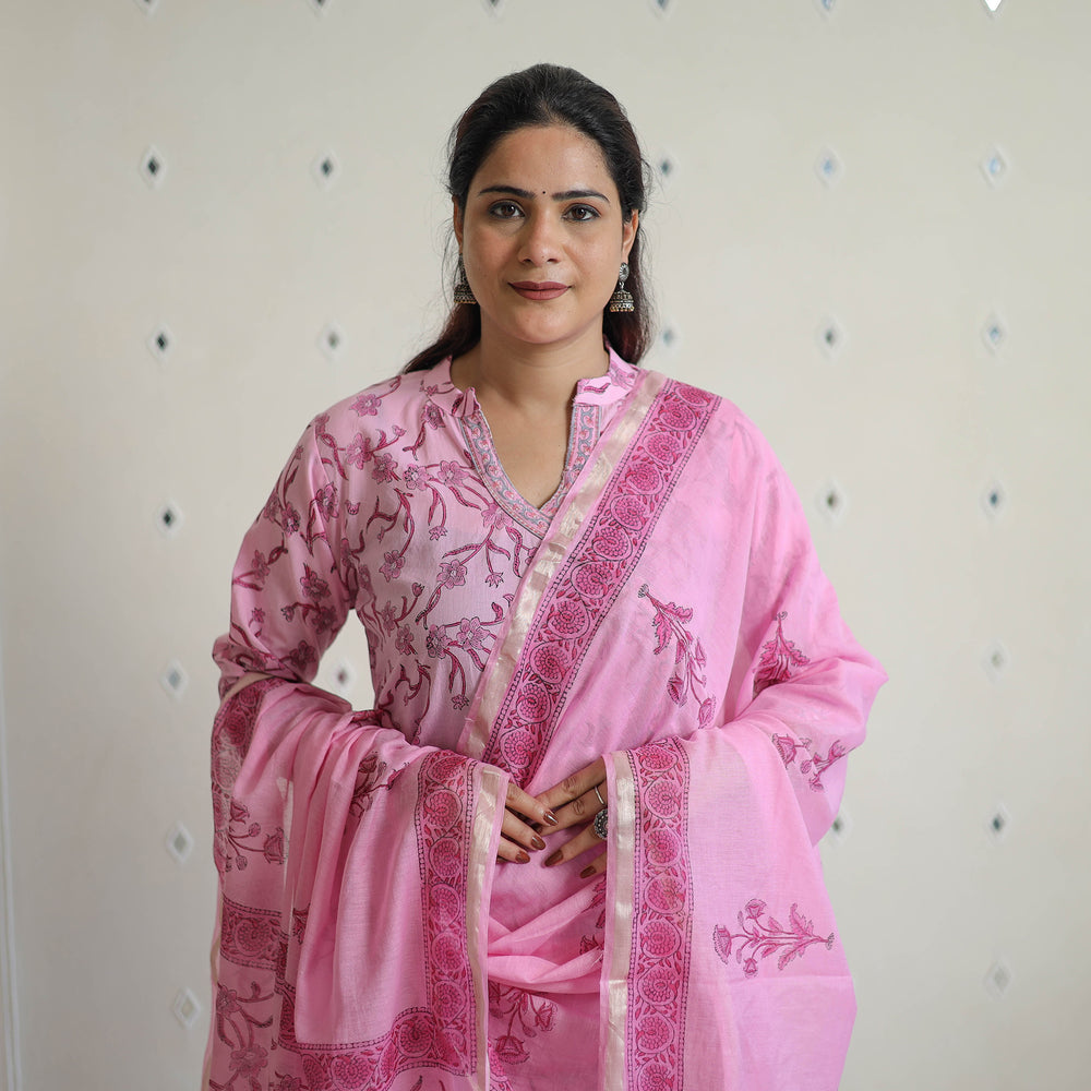 Pink - Sanganeri Block Print Cotton Kurta Suit Set 08