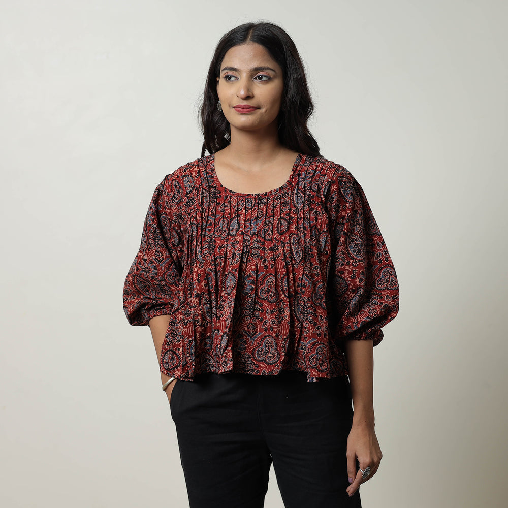 Red - Ajrakh Block Printed Cotton Crop Top 10