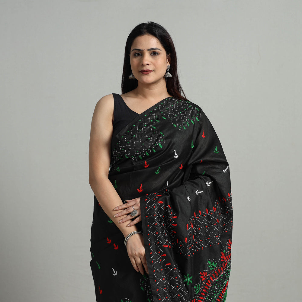 Black - Handcrafted Bengal Nakshi Kantha Work Silk Saree 16