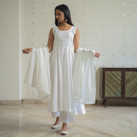 Ananya White Cotton Flared Kurta with Palazzo & Dupatta Set