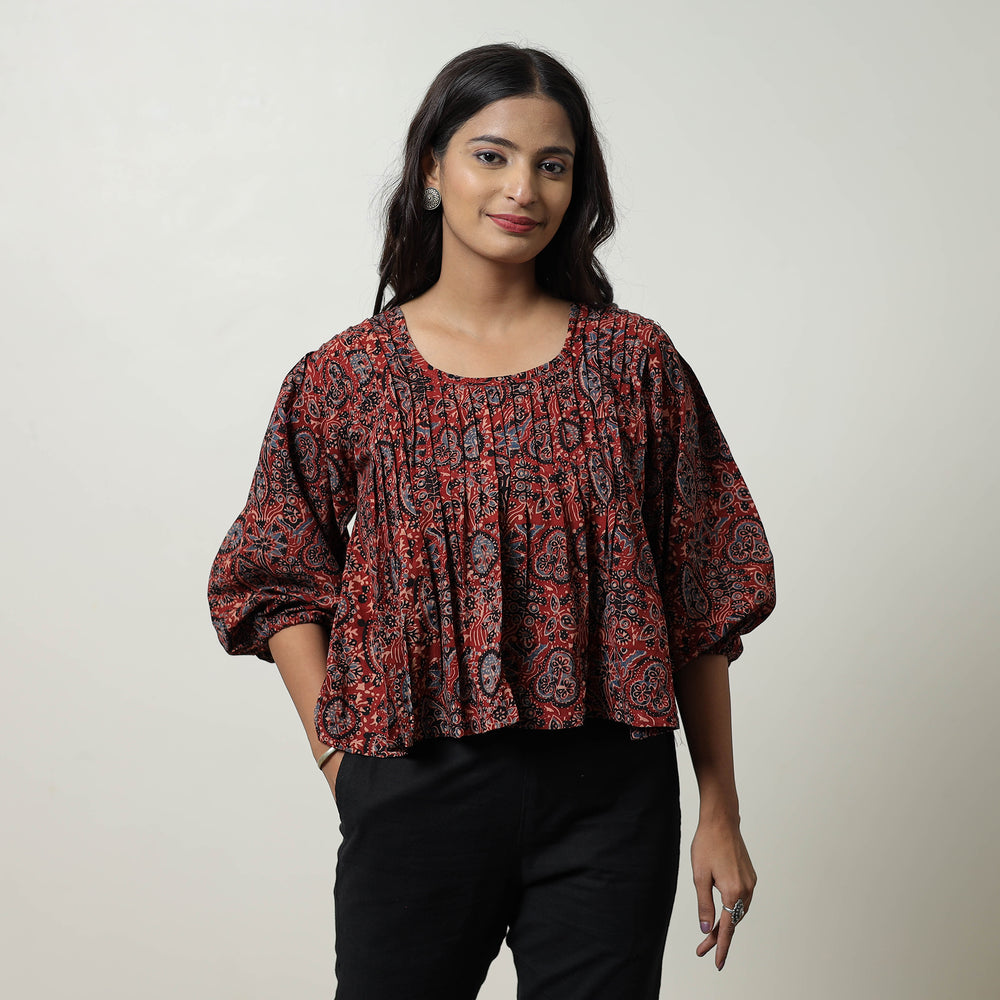 Red - Ajrakh Block Printed Cotton Crop Top 10