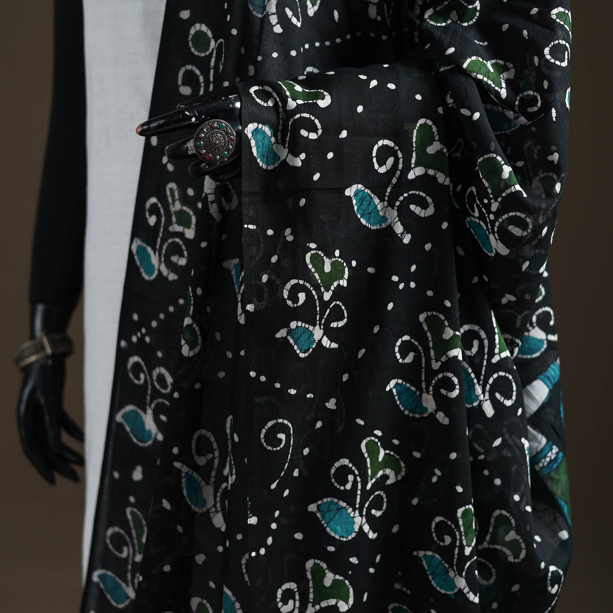 Black - hand batik print cotton dupatta 33 - handcrafted