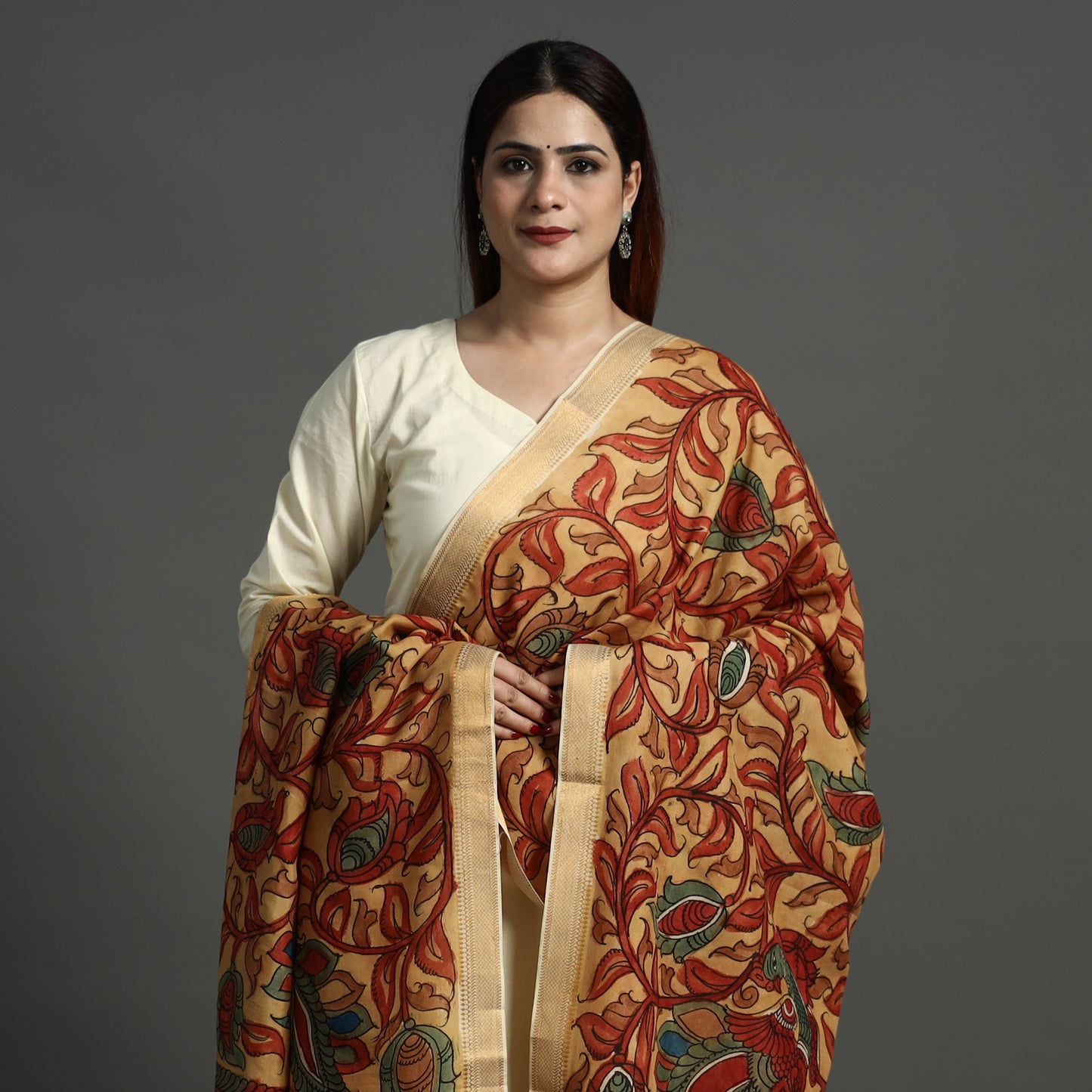 Yellow - Srikalahasti Pen Work Kalamkari Mangalagiri Silk Cotton Handpainted Zari Border Dupatta 189