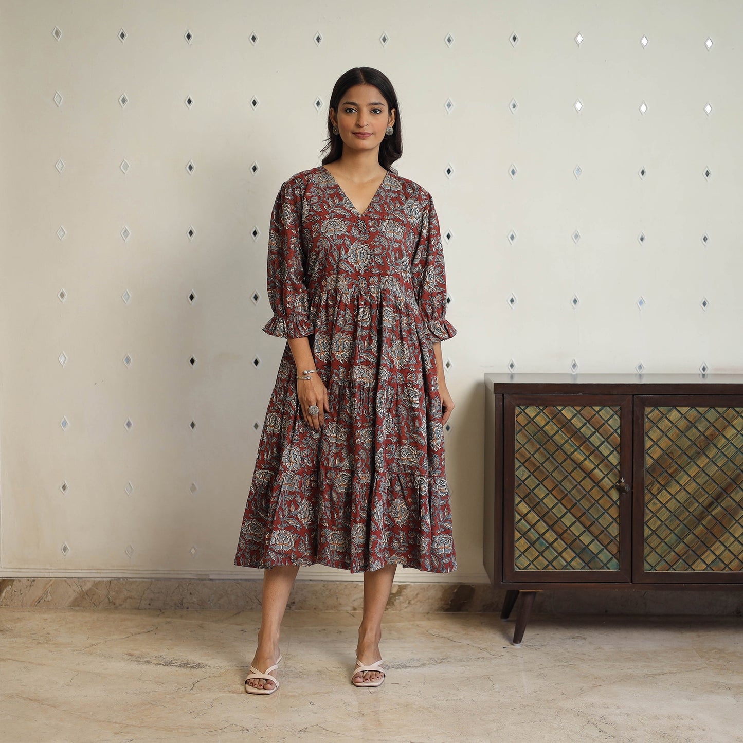 Red - Block Printed Cotton Flare Jahota Dress 07