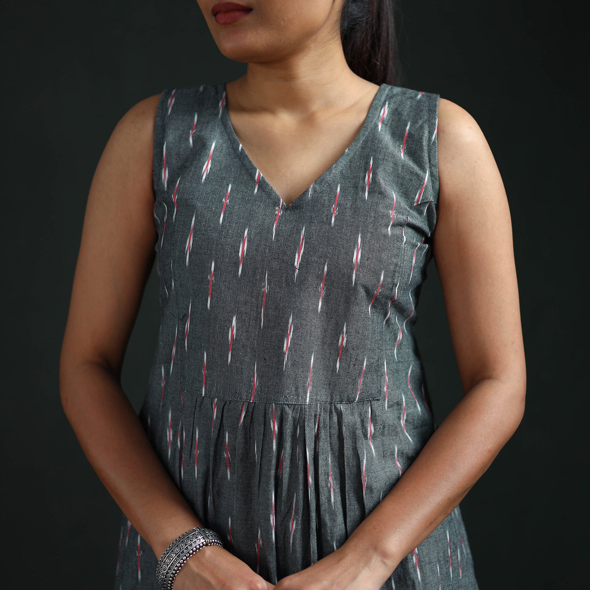 Pochampally Ikat Cotton Sleeveless Flared Long Dress for Women 18