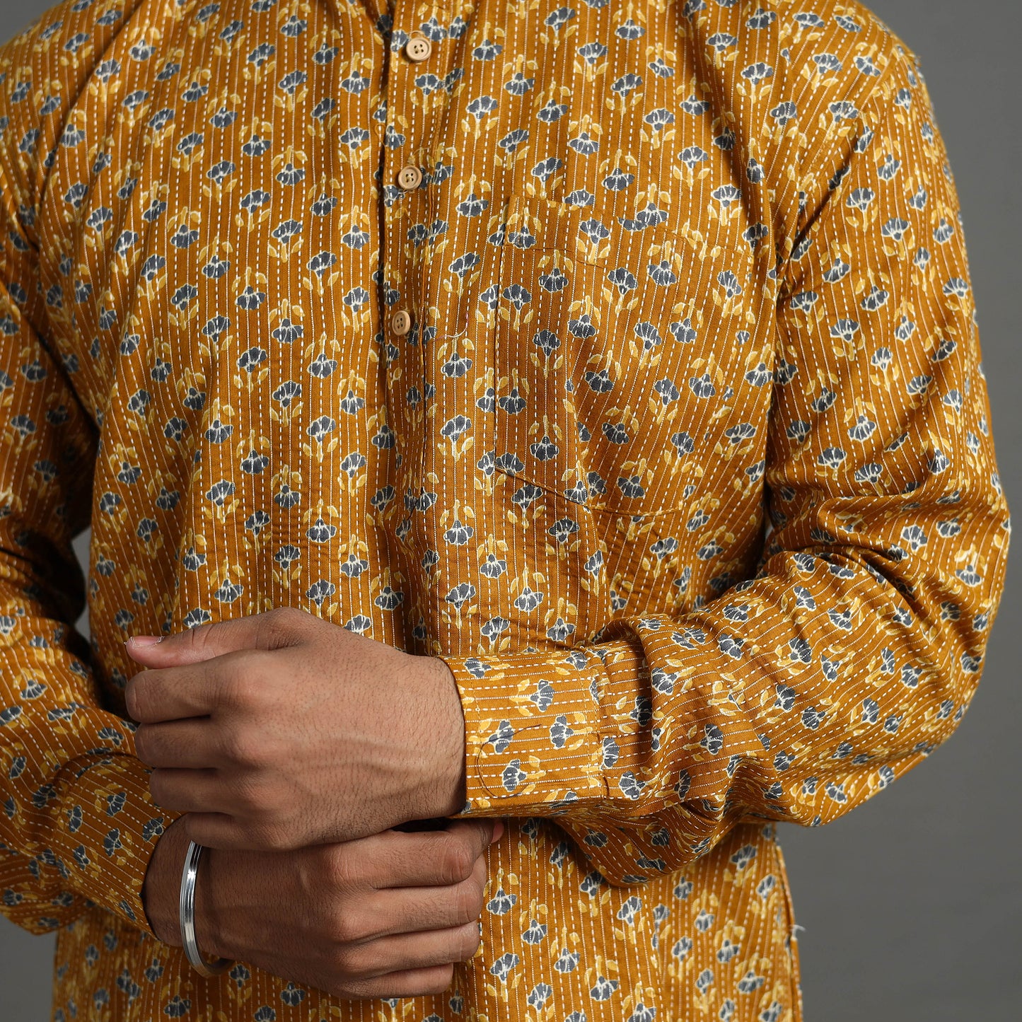 Kantha Stitch Cotton Short Sanganeri Kurta for Men 06